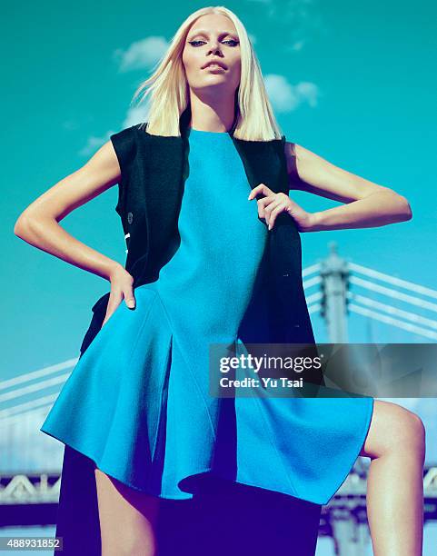 Model Aline Weber is photographed for a fashion editorial for Harpers Bazaar Singapore on May 5, 2014 in New York City. Published Image.