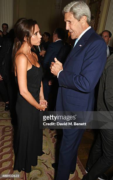 Victoria Beckham and John Kerry, United States Secretary of State, attend the London Fashion Week party hosted by Ambassador Matthew Barzun and Mrs...
