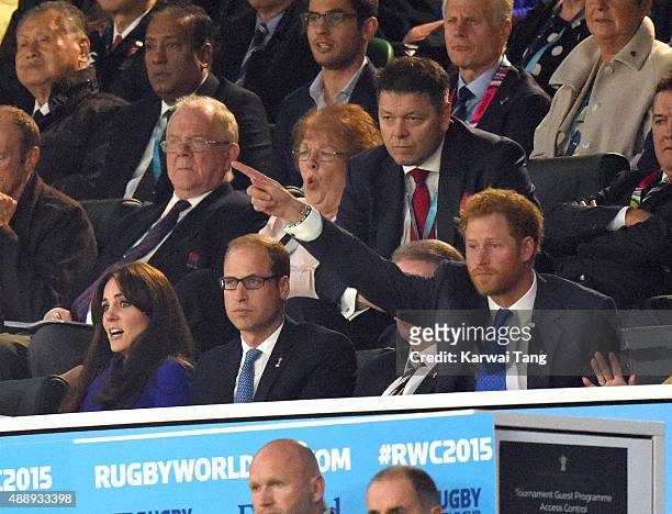 Catherine, Duchess of Cambridge, Prince William, Duke of Cambridge and Prince Harry attend the Rugby World Cup 2015 match between England v Fiji at...