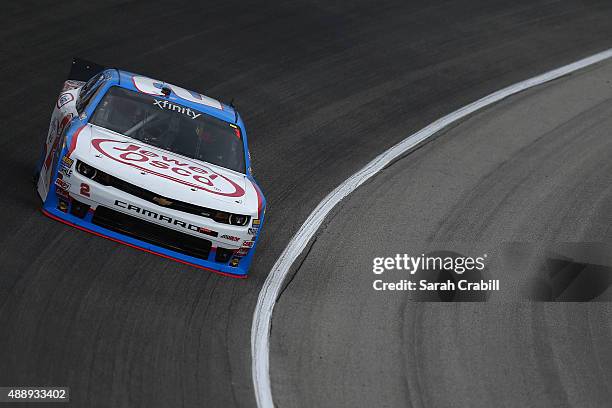 Brian Scott, driver of the Jewel-Osco/Kraft Singles Chevrolet, practices for the NASCAR Xfinity Series Furious 7 300 at Chicagoland Speedway on...