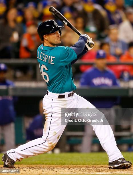 Cole Gillespie of the Seattle Mariners bats against the Texas Rangers at Safeco Field on April 25, 2014 in Seattle, Washington.