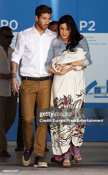 Real Madrid football player Sergio Ramos and the tv presenter Pilar Rubio present their new born Sergio Ramos jr on May 9, 2014 in Madrid, Spain.