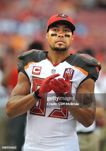 Wide receiver Vincent Jackson of the Tampa Bay Buccaneers stands on the sidelines against the Tennessee Titans at Raymond James Stadium on September...
