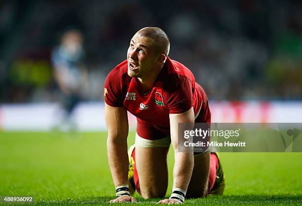 Mike Brown of England reacts after scoring their third try during the 2015 Rugby World Cup Pool A match between England and Fiji at Twickenham...