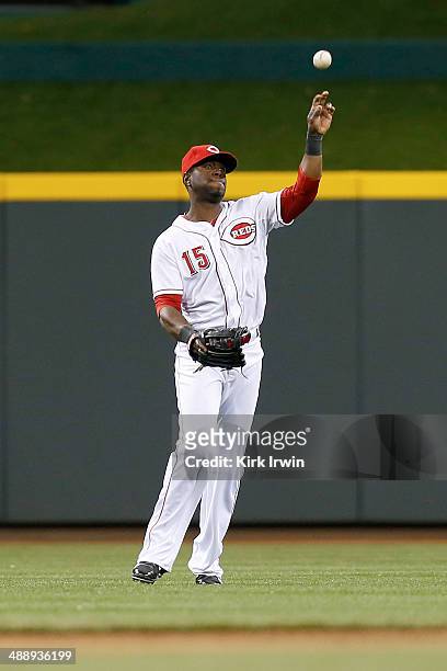 Roger Bernadina of the Cincinnati Reds throws the ball to the infield during the game against the Milwaukee Brewers at Great American Ball Park on...