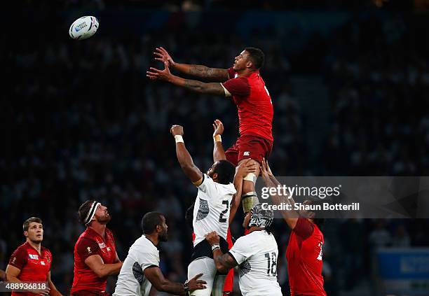 Courtney Lawes of England collects the line out ball during the 2015 Rugby World Cup Pool A match between England and Fiji at Twickenham Stadium on...