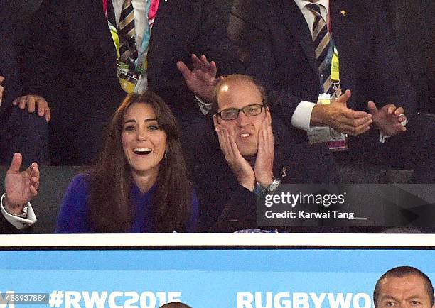 Catherine, Duchess of Cambridge and Prince William, Duke of Cambridge attend the Rugby World Cup 2015 match between England v Fiji at Twickenham...