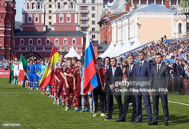 Football players Alexander Kerzhakov, Alexander Kokorin, Vladimir Gabulov and Igor Akinfeev attend opening Ceremony of the U16 Young Tournament...