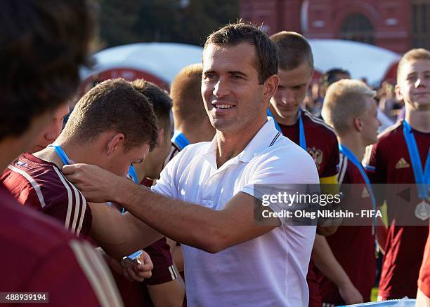 Football player Alexander Kerzhakov greets 2nd place winner team of Russia after the U16 Young Tournament during FIFA '1000 Days to Go' - Russia 2018...