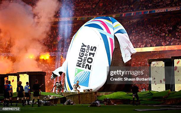 General view during the opening ceremony ahead of the 2015 Rugby World Cup Pool A match between England and Fiji at Twickenham Stadium on September...