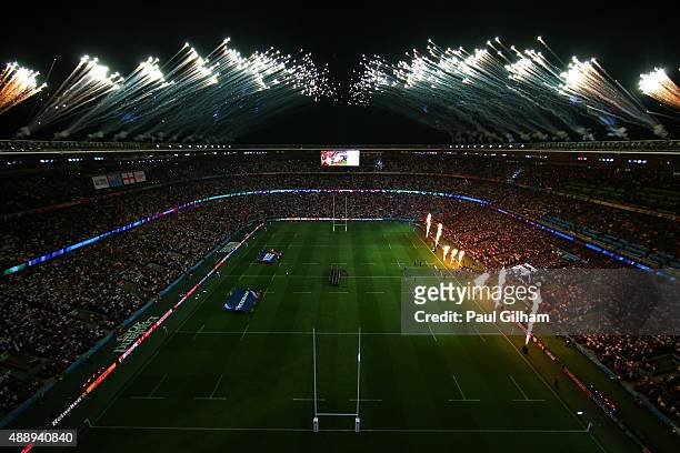 Fireworks light up the sky during the opening ceremony ahead of the 2015 Rugby World Cup Pool A match between England and Fiji at Twickenham Stadium...