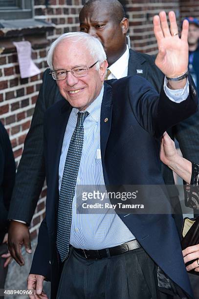 United States Senator Bernie Sanders enters the "The Late Show With Stephen Colbert" taping at the Ed Sullivan Theater on September 18, 2015 in New...