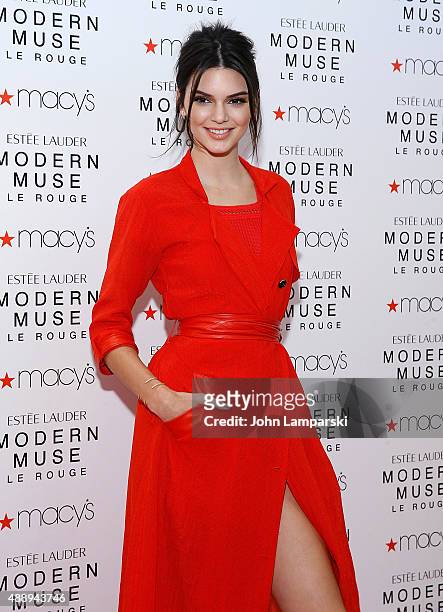 Kendell Jenner celebrates the launch of the new Estee Lauder Fragrance Modern Muse Le Rouge at Macy's Herald Square on September 18, 2015 in New York...