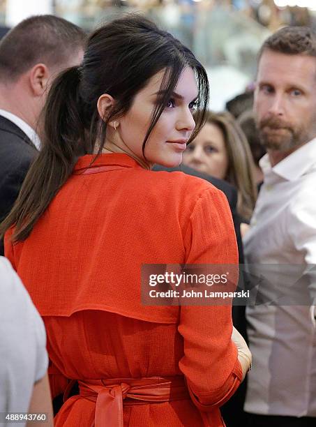 Kendell Jenner celebrates the launch of the new Estee Lauder Fragrance Modern Muse Le Rouge at Macy's Herald Square on September 18, 2015 in New York...