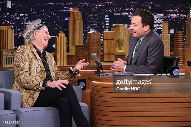 Episode 0332 -- Pictured: Musician Keith Richards during an interview with host Jimmy Fallon on September 18, 2015 --