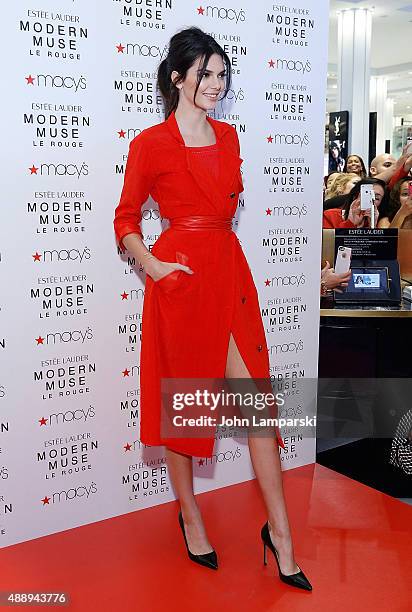 Kendell Jenner celebrates the launch of the new Estee Lauder Fragrance Modern Muse Le Rouge at Macy's Herald Square on September 18, 2015 in New York...