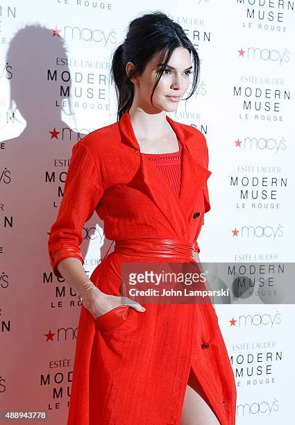Kendell Jenner celebrates the launch of the new Estee Lauder Fragrance Modern Muse Le Rouge at Macy's Herald Square on September 18, 2015 in New York...