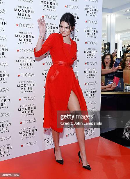 Kendell Jenner celebrates the launch of the new Estee Lauder Fragrance Modern Muse Le Rouge at Macy's Herald Square on September 18, 2015 in New York...