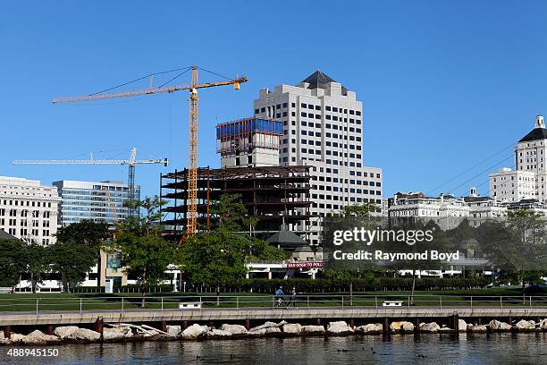 Partial view of the Milwaukee skyline with construction of the new Northwestern Mutual Tower and Commons on September 13, 2015 in Milwaukee,...