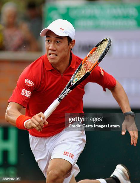 Kei Nishikori of Japan in action during the Davis Cup World Group Play-off singles match between Alejandro Falla of Colombia and Kei Nishikori of...