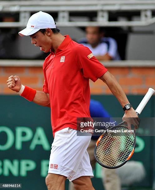 Kei Nishikori of Japan celebrates a point during the Davis Cup World Group Play-off singles match between Alejandro Falla of Colombia and Kei...