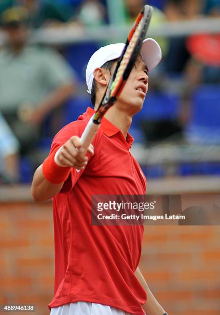 Kei Nishikori of Japan reacts during the Davis Cup World Group Play-off singles match between Alejandro Falla of Colombia and Kei Nishikori of Japan...