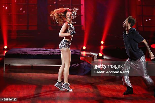 Joelina Drews and Marc Aurel Zeeb perform during the second show of the television competition 'Stepping Out' on September 18, 2015 in Cologne,...