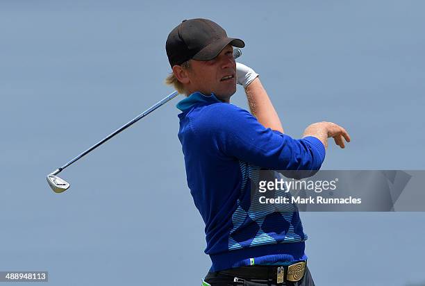 Jeppe Huldahl of Denmark plays his tee shot from the 5th tee during the Madeira Islands Open - Portugal - BPI at Club de Golf do Santo da Serra on...