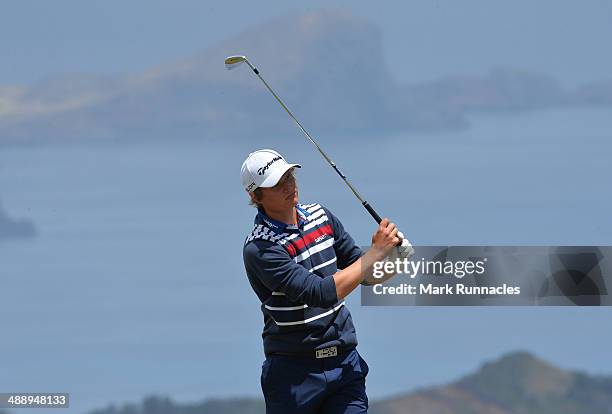 Tapio pulkkanen of Finland plays his tee shot from the 5th tee during the Madeira Islands Open - Portugal - BPI at Club de Golf do Santo da Serra on...