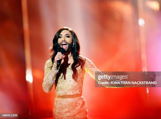 Conchita Wurst representing Austria performs the song "Rise Like A Phoenix" during the dress rehearsal for the Eurovision Song Contest 2014 Grand...