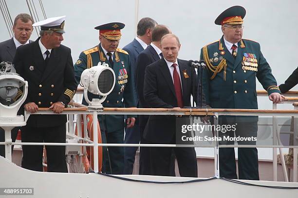 Russian President Vladimir Putin attends a military parade on May 9, 2014 in Sevastopol, Russia. Putin is having a one-day visit to Crimea which...