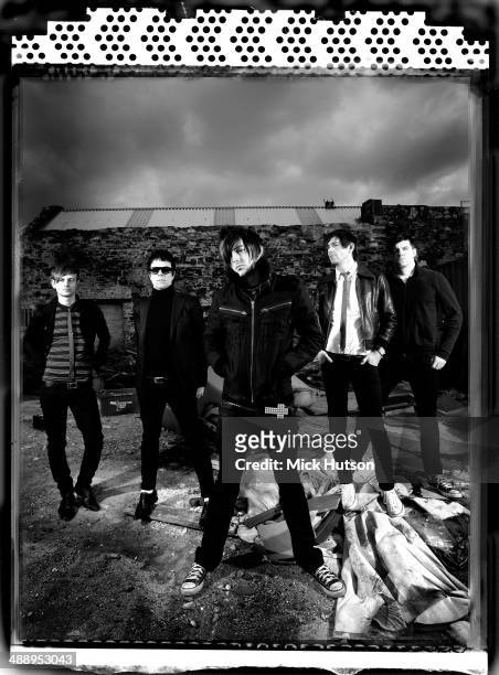 Group portrait of Welsh rock band Lostprophets, UK, 2009. L-R Lee Gaze, Jamie Oliver, Ian Watkins, Mike Lewis and Stuart Richardson.