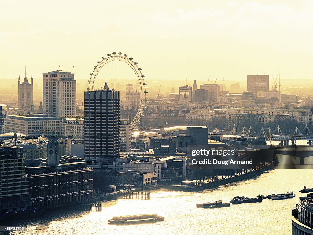 Aerial view across the River Thames, London, UK