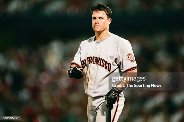 Snow of the San Francisco Giants looks on against the St. Louis Cardinals at Busch Stadium on July 19, 1997 in St. Louis, Missouri. The Cardinals...