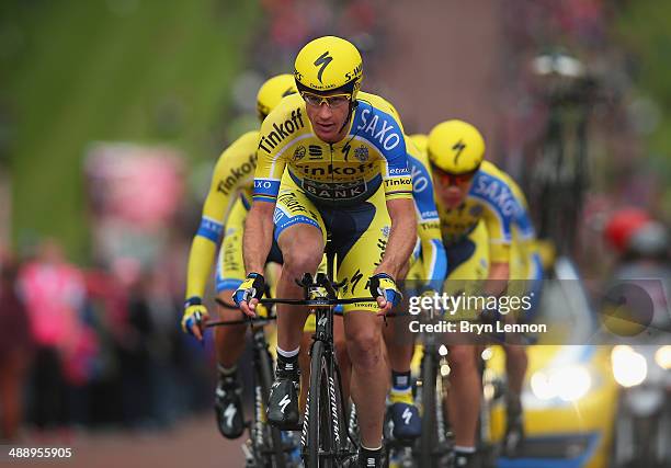 Michael Rogers of Australia and Tinkoff-Saxo leads his team during the first stage of the 2014 Giro d'Italia, a 21km Team Time Trial stage at the...