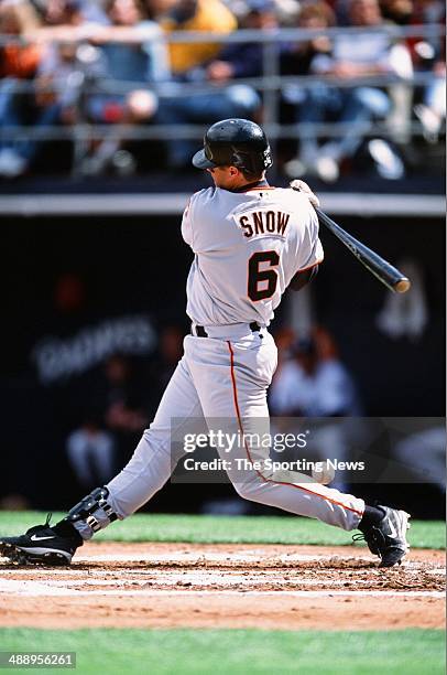 Snow of the San Francisco Giants bats against the San Diego Padres on April 10, 2001 at Qualcomm Stadium in San Diego, California. The Giants...