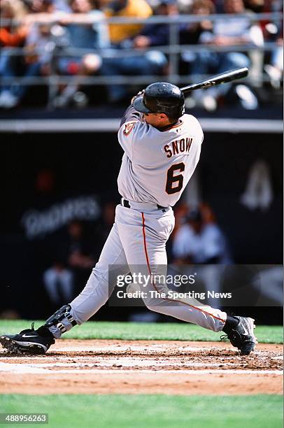 Snow of the San Francisco Giants bats against the San Diego Padres on April 10, 2001 at Qualcomm Stadium in San Diego, California. The Giants...