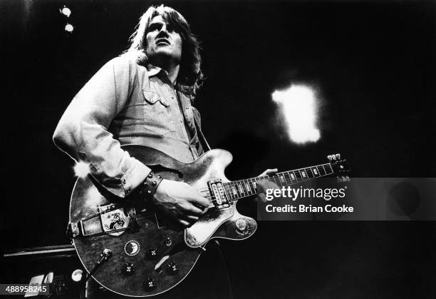 Alvin Lee of Ten Years After photographed on stage at The Rainbow Theatre, Finsbury Park, North London on 14th July 1972.