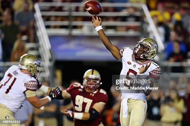 Everett Golson of the Florida State Seminoles makes a pass during the first quarter against the Florida State Seminoles at Alumni Stadium on...