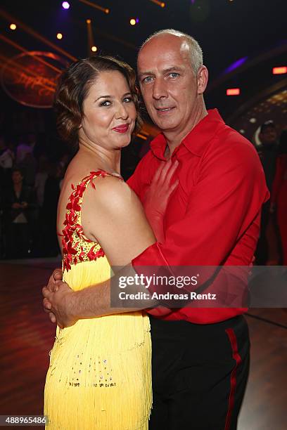 Doris Bueld and Mario Basler smile during the second show of the television competition 'Stepping Out' on September 18, 2015 in Cologne, Germany.