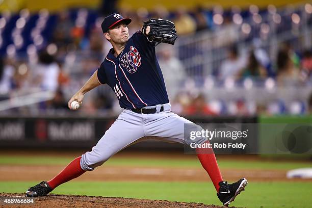 Casey Janssen of the Washington Nationals in action during the game against the Miami Marlins at Marlins Park on September 11, 2015 in Miami, Florida.