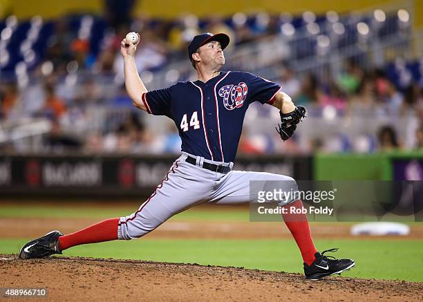Casey Janssen of the Washington Nationals in action during the game against the Miami Marlins at Marlins Park on September 11, 2015 in Miami, Florida.