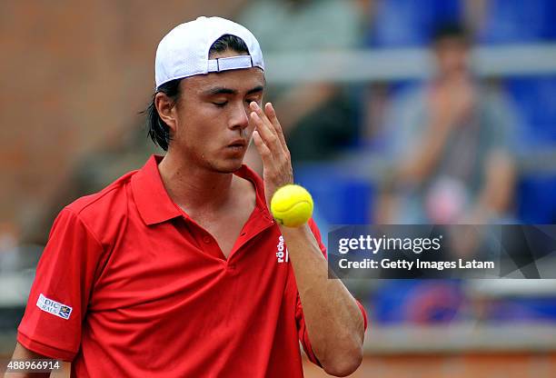 Taro Daniel of Japan gestures during the Davis Cup World Group Play-off singles match between Santiago Giraldo of Colombia and Taro Daniel of Japan...