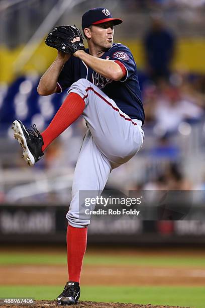 Casey Janssen of the Washington Nationals in action during the game against the Miami Marlins at Marlins Park on September 11, 2015 in Miami, Florida.