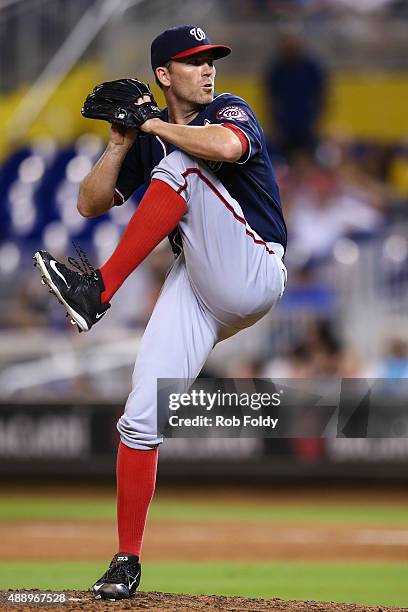 Casey Janssen of the Washington Nationals in action during the game against the Miami Marlins at Marlins Park on September 11, 2015 in Miami, Florida.