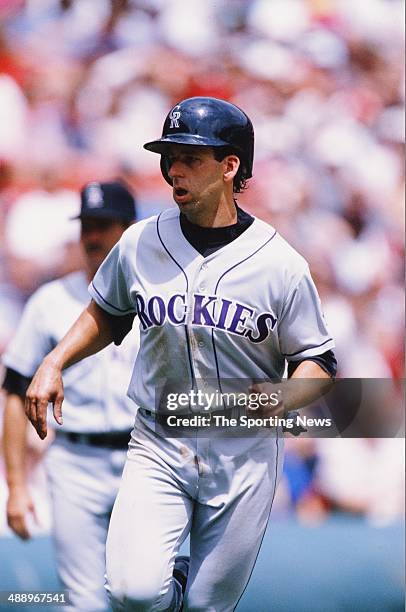 Walt Weiss of the Colorado Rockies runs against the St. Louis Cardinals at Busch Stadium on May 27, 1996 in St. Louis, Missouri. The Rockies beat the...