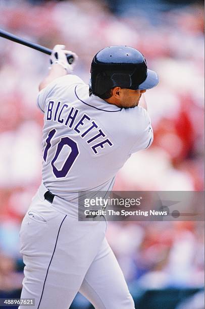 Dante Bichette of the Colorado Rockies bats against the St. Louis Cardinals at Busch Stadium on May 27, 1996 in St. Louis, Missouri. The Rockies beat...
