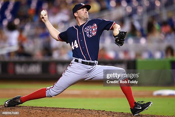 Casey Janssen of the Washington Nationals in action during the game against the Miami Marlins at Marlins Park on September 11, 2015 in Miami, Florida.