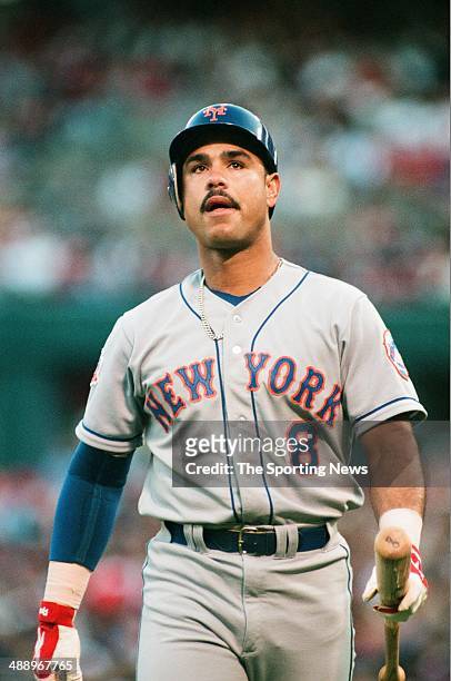 Carlos Baerga of the New York Mets looks on against the St. Louis Cardinals at Busch Stadium on May 9, 1997 in St. Louis, Missouri. The Mets beat the...