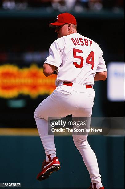 Mike Busby of the St. Louis Cardinals pitches against the Milwaukee Brewers at Busch Stadium on April 8, 1999 in St. Louis, Missouri. The Crdinals...